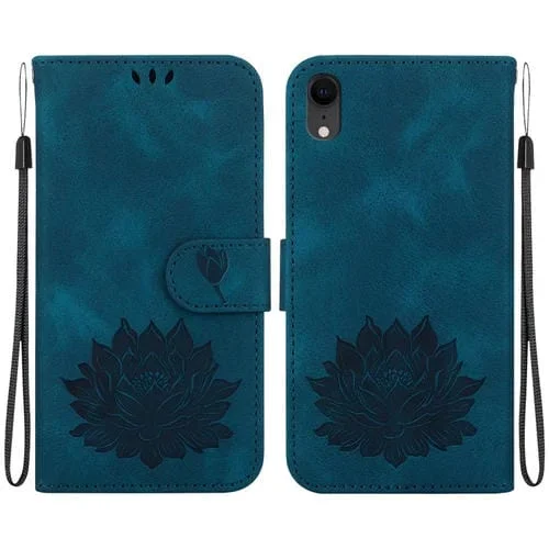 Funda de Cuero para iPhone Xr con Relieve de Loto (Azul Oscuro)