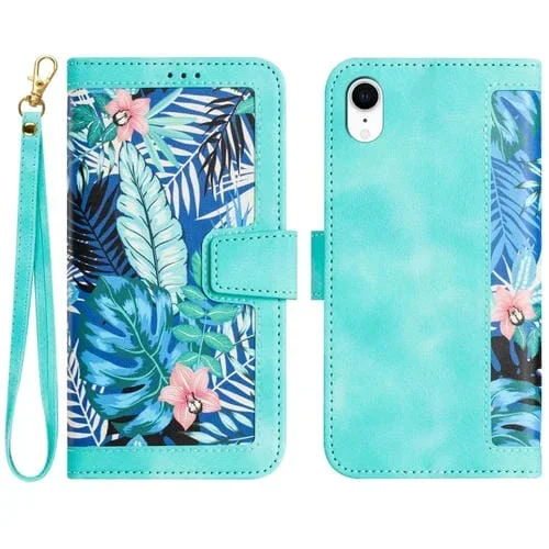 Funda de Cuero para iPhone Xr Estampado Floral con Cordón (Verde)