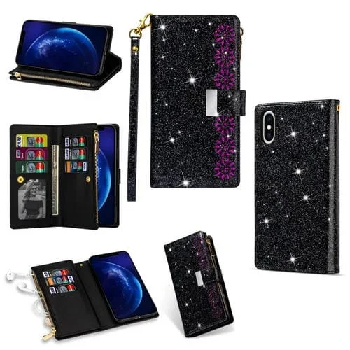 Funda de cuero para iPhone Xs Max con ranuras para tarjetas, tapa horizontal, soporte, billetera y cordón (Negro)