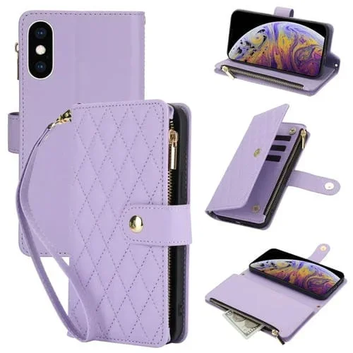 Funda de Cuero para iPhone Xs Max Ym016 con Billetera, Tarjeta, Cremallera Rómbica y Cordón (Púrpura Claro)