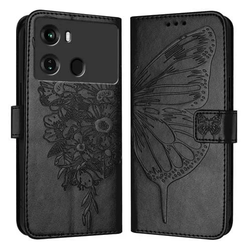 Funda de Cuero para Itel P40 con Mariposa en Relieve (Negro)