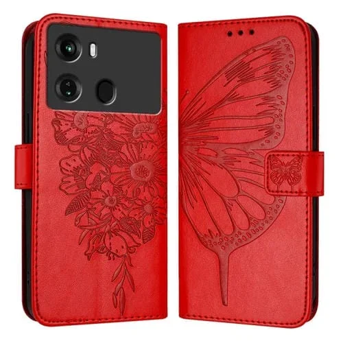 Funda de Cuero para Itel P40 con Mariposa en Relieve (Rojo)