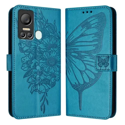 Funda de Cuero para Itel S18 / Vision 5 con Mariposa en Relieve (Azul)