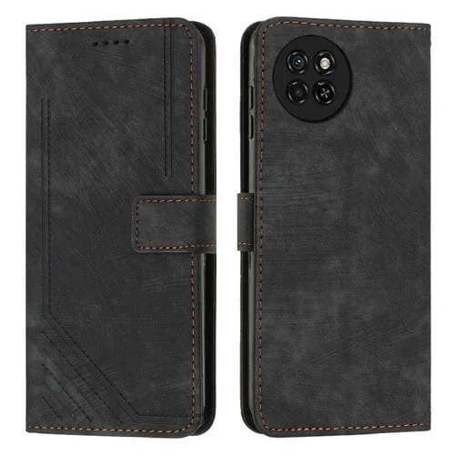 Funda de Cuero para Itel S23 con Patrón de Rayas y Cordón (Negro)