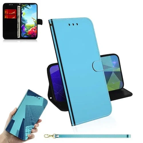 Funda de Cuero para LG K40S con Tapa Horizontal Magnética, Espejo, Soporte, Tarjetero y Billetera (Azul)