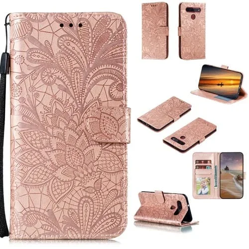 Funda de Cuero para LG K41S / K51S con Tapa Horizontal, Soporte, Ranuras para Tarjetas y Marco de Fotos (Oro Rosa)