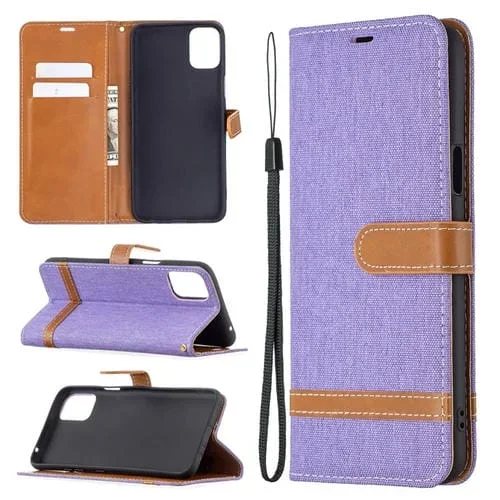 Funda de Cuero para LG K42 con Textura Denim, Soporte, Tarjetero y Cordón (Púrpura)