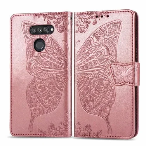 Funda de Cuero para LG K50S Butterfly Love Flower con Tapa Horizontal, Soporte, Ranura para Tarjeta y Cordón (Oro Rosa)