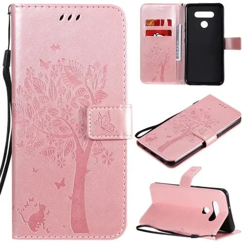 Funda de Cuero para LG K51 Tree & CAT con Tapa Horizontal, Soporte, Ranuras para Tarjetas y Cordón (Oro Rosa)