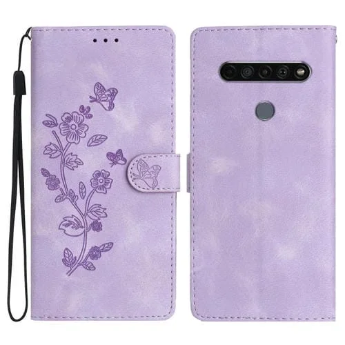 Funda de Cuero para LG K61 con Flor Mariposa y Relieve Patrón (Púrpura)