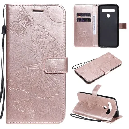 Funda de Cuero para LG K61 con Tapa Horizontal, Patrón Mariposa 3D, Soporte, Ranura para Tarjeta, Billetera y Cordón (Oro Rosa)
