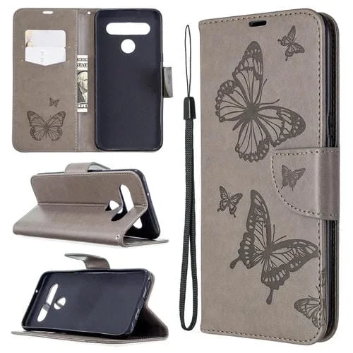 Funda de Cuero para LG K61 Two Butterflies con Tapa Horizontal, Soporte, Ranura para Tarjeta, Billetera y Cordón (Gris)