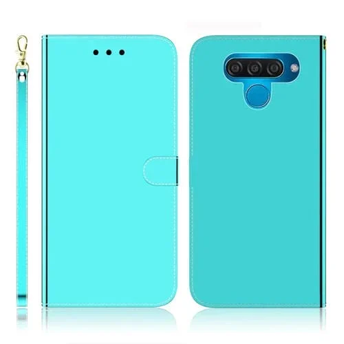 Funda de Cuero para LG Q60 con Tapa Horizontal, Espejo Imitado, Soporte, Ranuras para Tarjetas, Billetera y Cordón (Verde Menta)