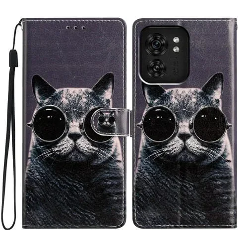 Funda de Cuero para Motorola Edge 40 con Dibujo Coloreado Gato de Gafas de Sol