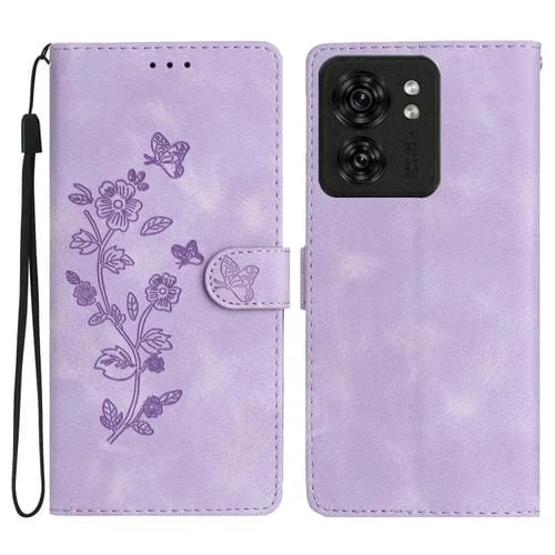 Funda de Cuero para Motorola Edge 40 con Estampado de Mariposa y Flores (Púrpura)
