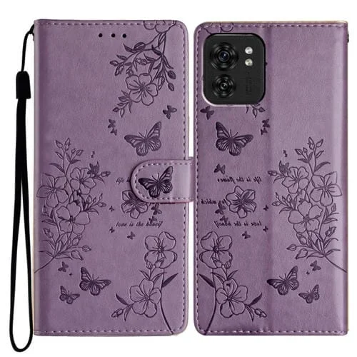 Funda de Cuero para Motorola Edge 40 con Mariposas y Flores (Púrpura)
