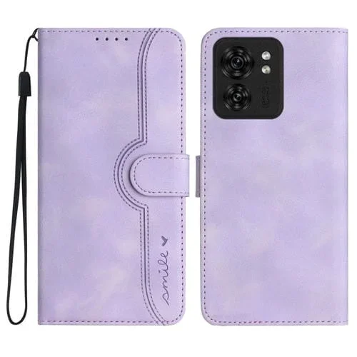 Funda de Cuero para Motorola Edge 40 con Sensación de Piel y Patrón de Corazón (Púrpura)