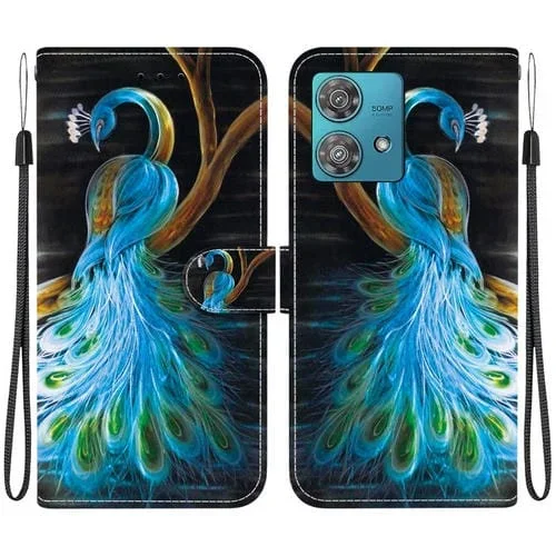 Funda de Cuero para Motorola Edge 40 Neo con Dibujo de Colores y Textura de Cristal (Pavo Real)
