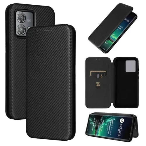 Funda de Cuero para Motorola Edge 40 Neo con Tapa y Textura de Fibra de Carbono (Negro)