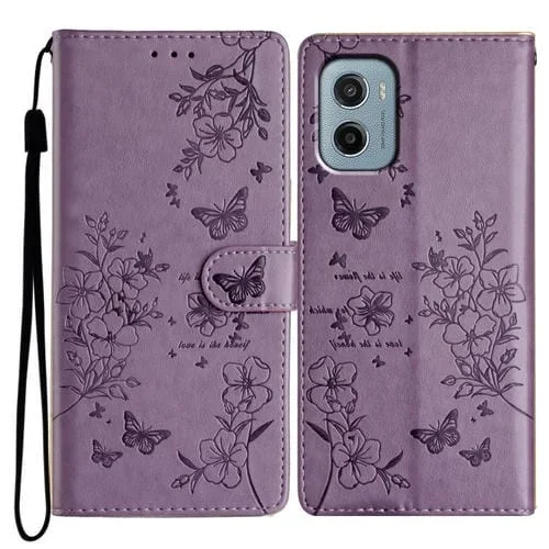 Funda de Cuero para Motorola Moto E15 con Mariposas y Flores (Morado)