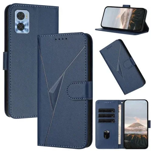 Funda de Cuero para Motorola Moto E22 con Cierre de Hebilla y Diseño Triangular (Azul Real)