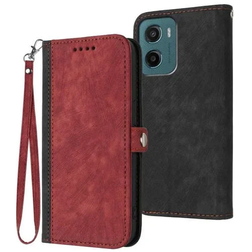 Funda de Cuero para Motorola Moto G05 con Correa de Mano y Hebilla Lateral Doble (Rojo)