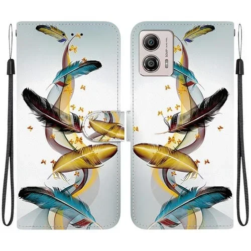 Funda de Cuero para Motorola Moto G13/G23/G53 con Dibujo de Colores y Textura de Cristal (Plumas de Mariposa Doradas)