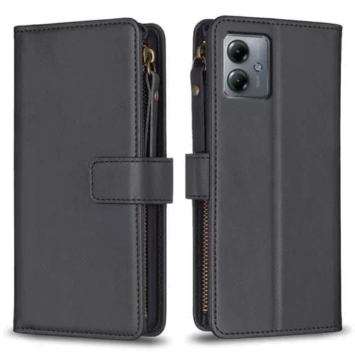 Funda de Cuero para Motorola Moto G14 4G con 9 Ranuras para Tarjetas y Cremallera (Negro)
