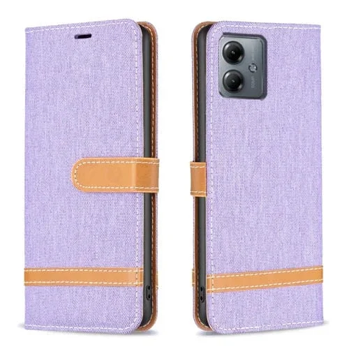 Funda de Cuero para Motorola Moto G14 4G con Textura Vaquera y Bloques de Color (Púrpura)