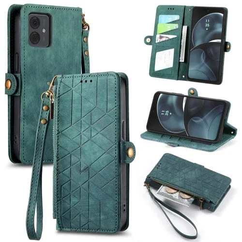 Funda de Cuero para Motorola Moto G14 con Hebilla Lateral y Billetera con Cremallera Geométrica (Verde)
