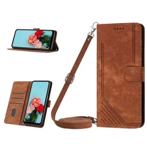 Funda de Cuero para Motorola Moto G14 con Patrón de Rayas y Cordón (Marrón)