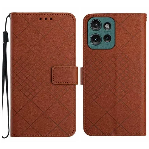 Funda de Cuero para Motorola Moto G15 con Textura de Cuadrícula Rómbica (Marrón)