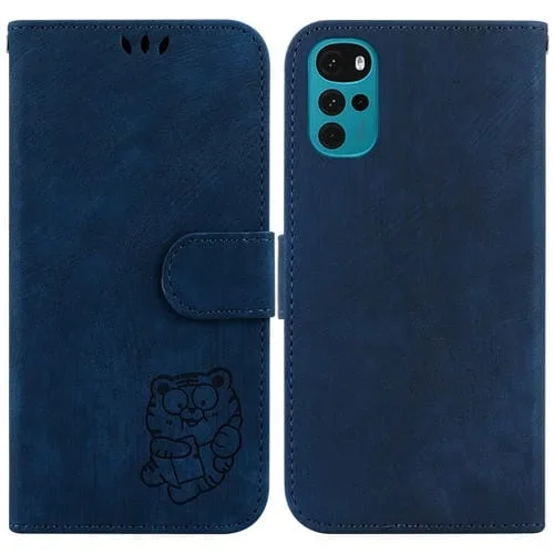 Funda de Cuero para Motorola Moto G22 Little Tiger en Relieve (Azul Oscuro)