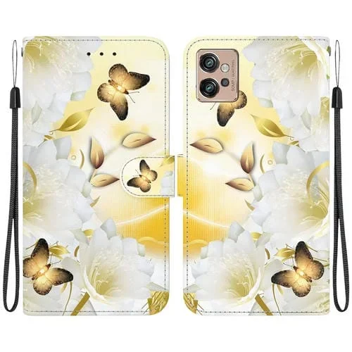 Funda de Cuero para Motorola Moto G32 con Dibujo Epiphyllum de Mariposa Dorada y Textura de Cristal