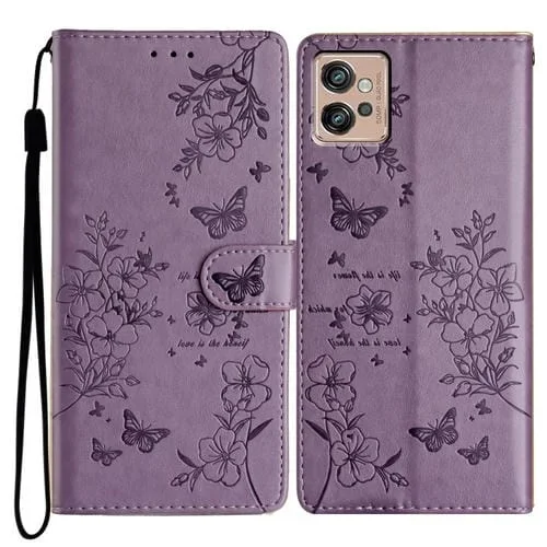 Funda de Cuero para Motorola Moto G32 con Mariposas y Flores (Púrpura)