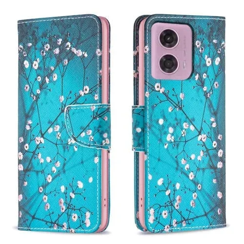 Funda de Cuero para Motorola Moto G34 5G con Patrón de Dibujo Coloreado (Flor de Ciruelo)