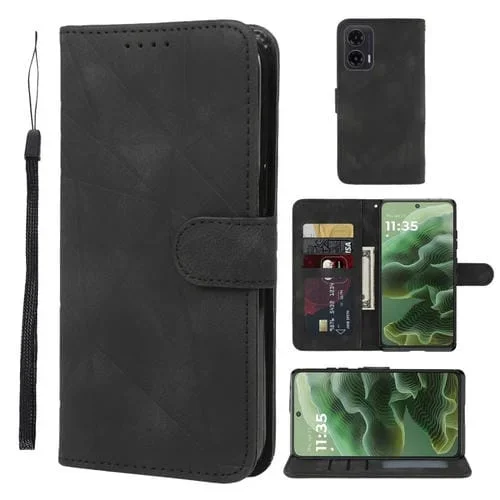 Funda de Cuero para Motorola Moto G35 con Diseño Geométrico y Líneas (Negra)