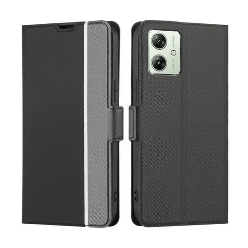 Funda de Cuero para Motorola Moto G54 5G Eu Edition con Botón Lateral y Textura de Sarga (Negro)