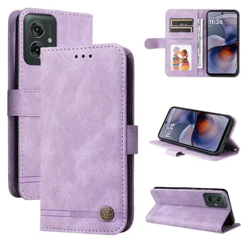 Funda de Cuero para Motorola Moto G55 con Botones de Metal y Diseño Árbol de la Vida (Morado)