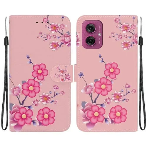 Funda de Cuero para Motorola Moto G55 con Dibujo de Colores y Textura de Cristal (Flores de Cerezo)