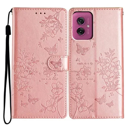 Funda de Cuero para Motorola Moto G55 con Mariposas y Flores (Oro Rosa)