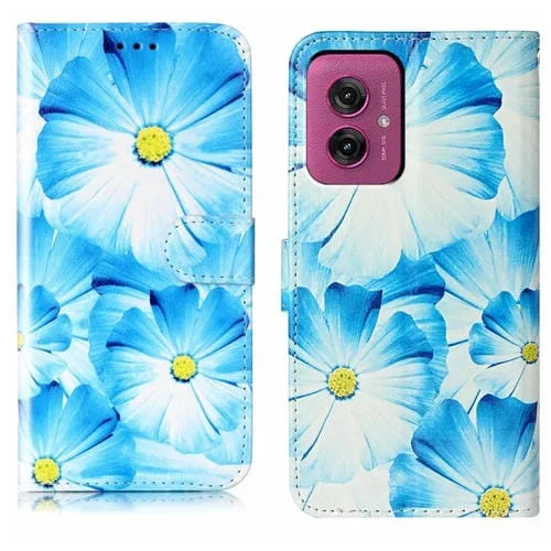 Funda de Cuero para Motorola Moto G55 con Patrón Mármol y Dibujo Flor Azul