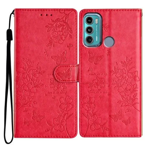 Funda de Cuero para Motorola Moto G60 4G con Mariposas y Flores (Rojo)