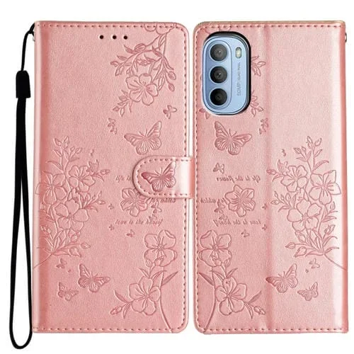 Funda de Cuero para Motorola Moto G62 5G con Mariposas y Flores (Oro Rosa)
