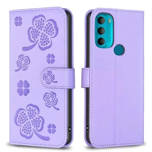 Funda de Cuero para Motorola Moto G71 con Relieve de Cuatro Hojas (Púrpura)