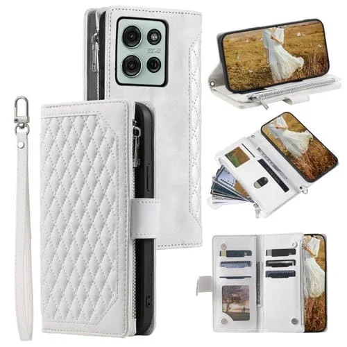 Funda de Cuero para Motorola Moto G75 5G con Cremallera y Textura de Cuadrícula (Blanco)