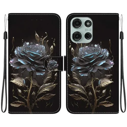 Funda de Cuero para Motorola Moto G75 5G con Dibujo de Colores y Textura de Cristal (Rosa Negra)