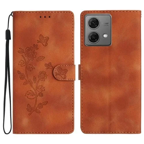 Funda de Cuero para Motorola Moto G84 5G con Estampado de Mariposa y Flor (Marrón)