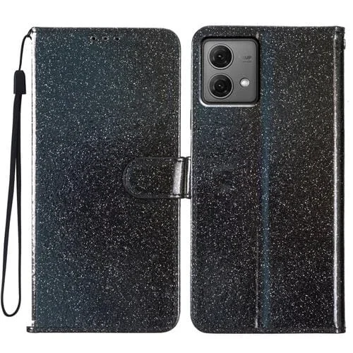 Funda de Cuero para Motorola Moto G84 5G con Tapa en Polvo y Purpurina (Negro)