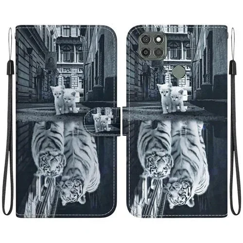 Funda de Cuero para Motorola Moto G9 Power con Dibujo Coloreado Crystal Texture (Reflejo de Tigre Gato)